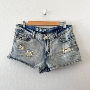 Blue Faith Embelished Distressed Denim Shorts Y2K